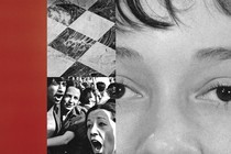 Collage of a red square, screaming protestors, and a child's face.