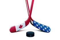 An illustration of hockey sticks with an American flag on one and the Canadian flag on the other