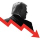 A black-and-white photograph of Donald Trump from behind, overlaid a red downward arrow