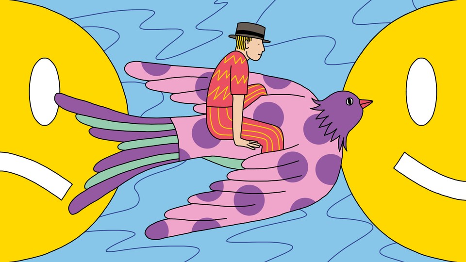 An illustration of a man in a striped outfit and fedora riding a polka-dot bird across an ocean, away from a frowny face and toward a smiley face