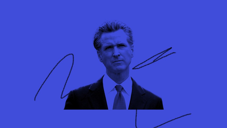 A photo illustration of Gavin Newsom on a blue background