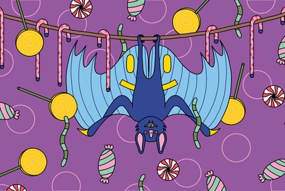 A blue bat on a purple background hanging from a rope with lots of candy