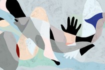 A collage of pastel painted body parts, including a leg and a hand, and blocks of color
