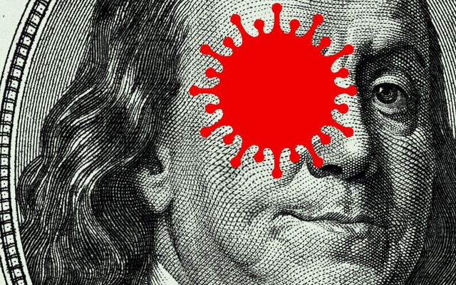 An illustration of Ben Franklin with a coronavirus over his eye.