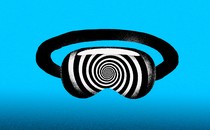 A graphic illustration of a headset with a black-and-white spiral illusion in the goggles over a bright-blue background