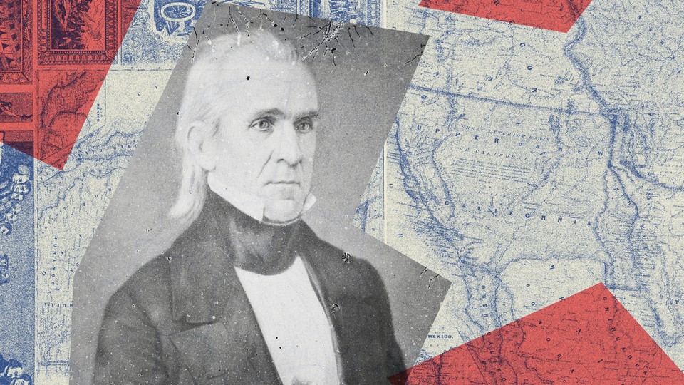 Black-and-white image of James K. Polk over old maps of the United States in red, white, and blue