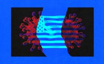An image of a virus particle torn in half. An American flag is in the background.
