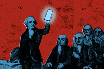 George Washington holds up a smartphone as other Founding Fathers look on in concern.