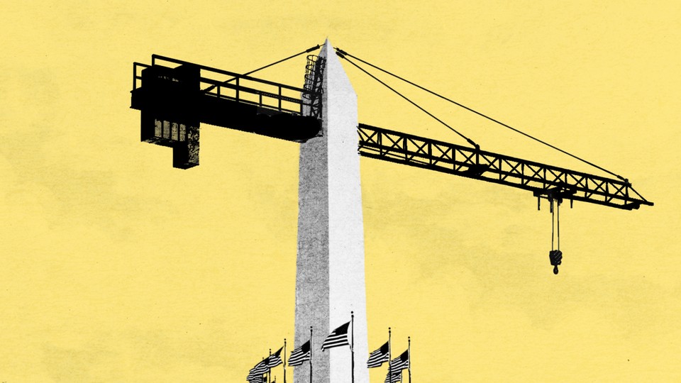 Illustration of the Washington Memorial serving as the base of a construction crane.