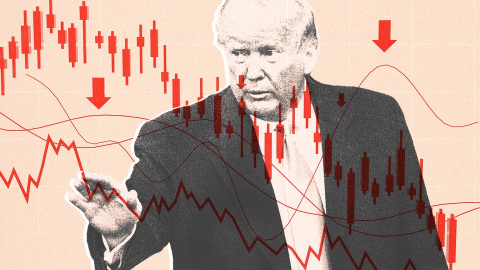 A photo of President Trump superimposed with charts and graphs