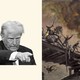 A photo splice of a black-and-white image of Donald Trump pointing (left) beside a painting of Jack Cade's rebellion (right).