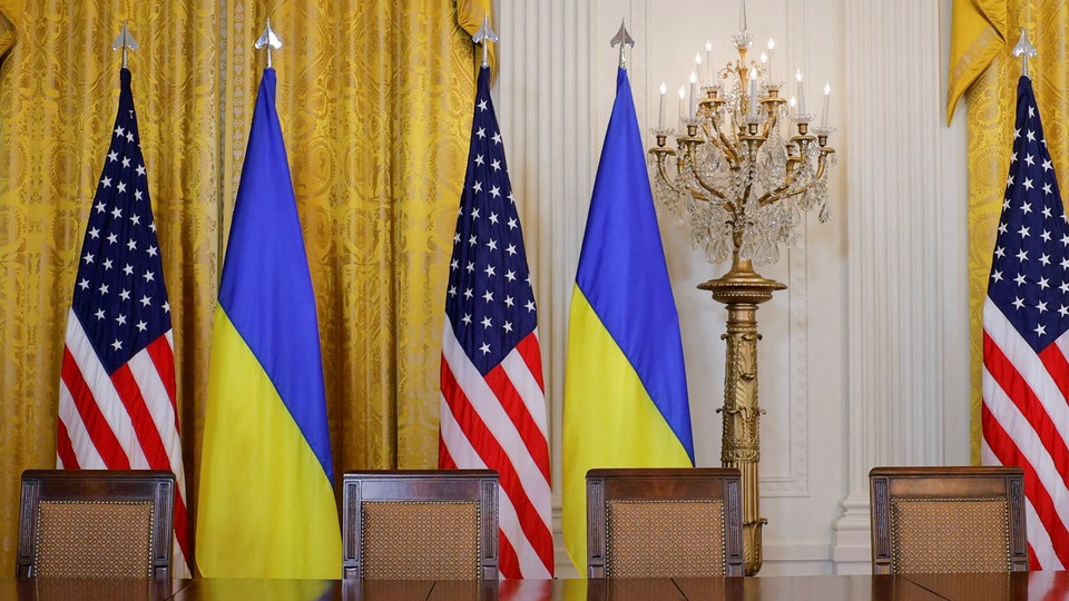 Ukrainian and American flags displayed for a press conference that never occurred