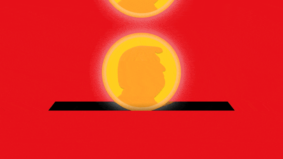 An illustration of a coin with Trump's face on it