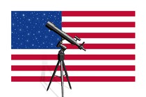 A U.S. flag with a telescope looking into a field of real stars in the blue upper square.