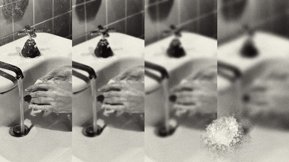 A splice of four black-and-white photos of hands being washed at a sink that increase in blurriness from left to right
