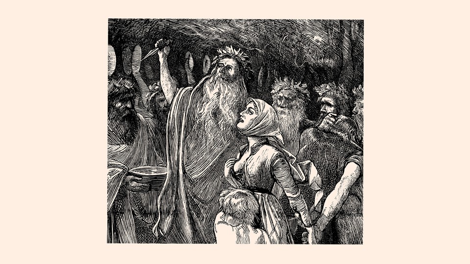 An black and white etch illustration of an arch-Druid about to sacrifice the King's son to save the people from the plague. The illustration is based on the poem, The Victim.