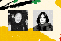 Black-and-white photos of each host sit in the center of a cream background. In the upper left corner, black branches extend with green puff of leaves at the end. The top right corner is golden and the bottom right corner is red.