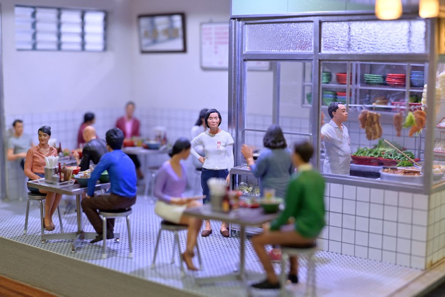 A miniature re-creation of a busy restaurant.