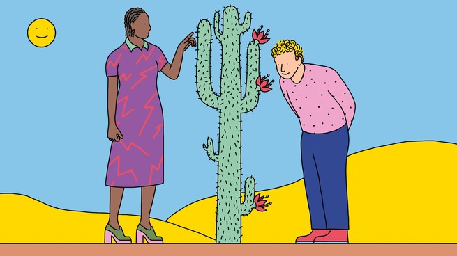 Illustration of two people standing near a cactus. One is touching the cactus and the other is sniffing the cactus flower. 