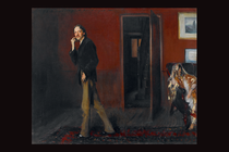 painting of thin bearded man walking in room with open door behind and woman sitting at right edge in a chair