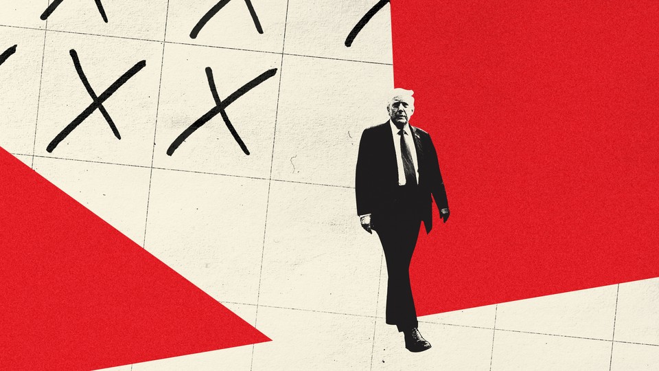 Donald Trump in black and white on an illustration of a red-and-white calendar with some days crossed out