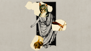 a human figure is wearing a toga but has a cat's head, a monkey's hand, and a bird's foot
