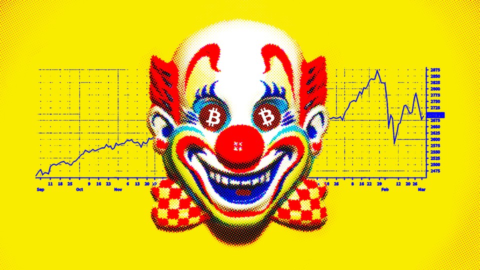 An image of a clown with the Bitcoin logo in its eyes