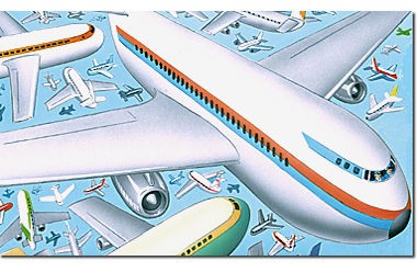 An illustration of an airplane against a background of smaller overlapping airplanes
