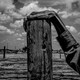 An old man's hand rests on a post in a drought landscape in central California