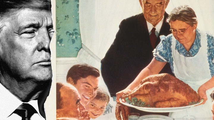 A collage of Trump and Norman Rockwell's "Freedom From Want"
