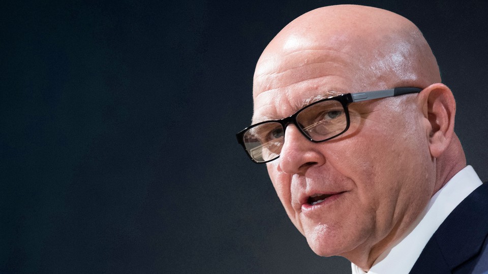 The head of former National Security Adviser H. R. McMaster appears on the right side of the image; he's wearing a suit, and a dark background is behind him.