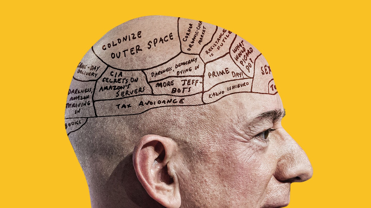 A silhouette of Jeff Bezos with sections drawn onto his brain, including "Colonize Outer Space" and "More Jeff-Bots"