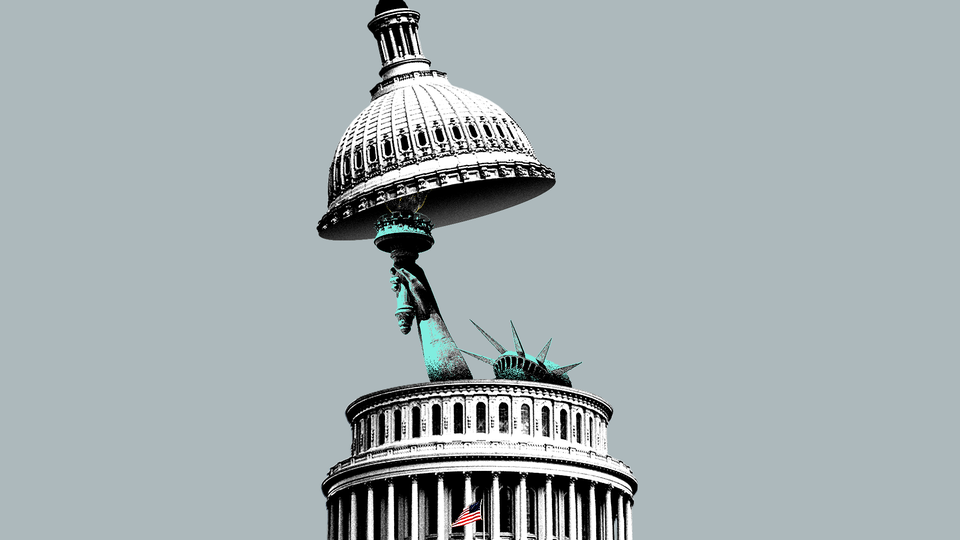 The Statue of Liberty emerging from the U.S. Capitol Building, lifting up its dome