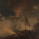 painting of Civil War battle with cannons firing on ships