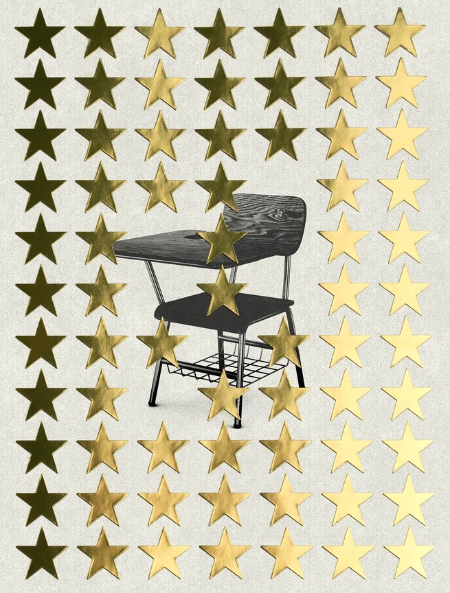Illustration of a school desk with gold stars overlaid on top