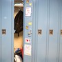 A row of lockers, with one open to show a backpack, textbooks, and interior decorations