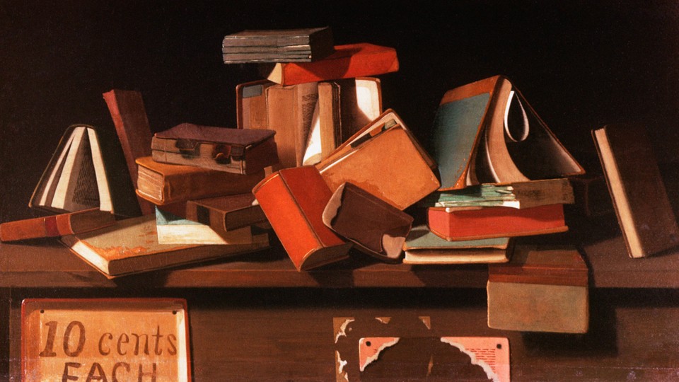 A painting of a stack of books