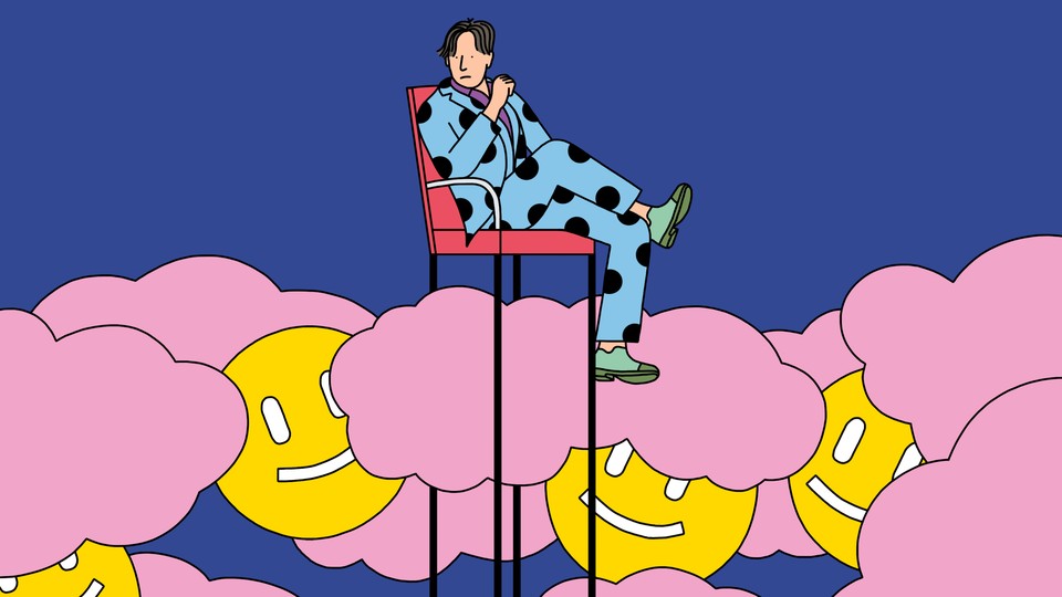 A man in a suit sits in a tall chair above clouds and a crowd of smiley faces.