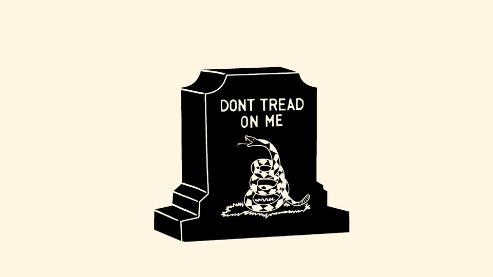 Illustration of a gravestone with "Don't tread on me" written on it