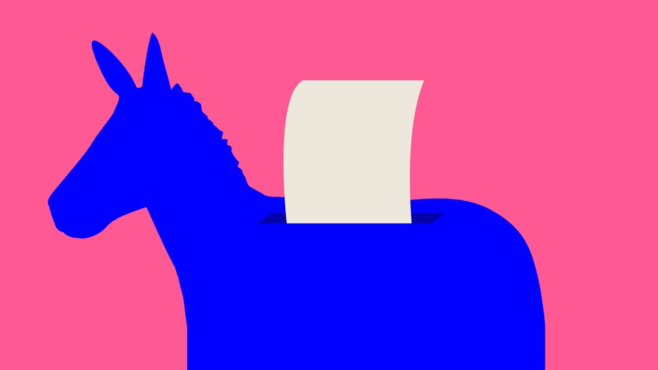 Illustration of a blue donkey with a slot on its back for receiving ballots.