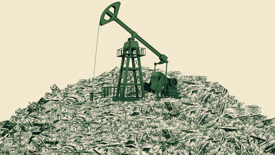 an oil derrick atop a pile of money