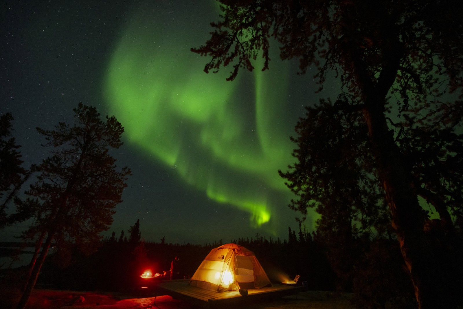 The northern lights glow green in the sky above an illuminated tent.