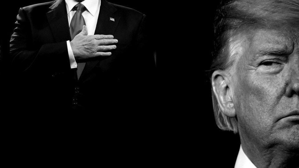 black-and-white graphic of Donald Trump with his hand over his heart, next to a close-up crop of his face