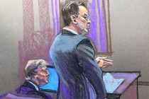 A courtroom sketch showing prosecutor Joshua Steinglass, right, speaking while Trump, left, sits in court