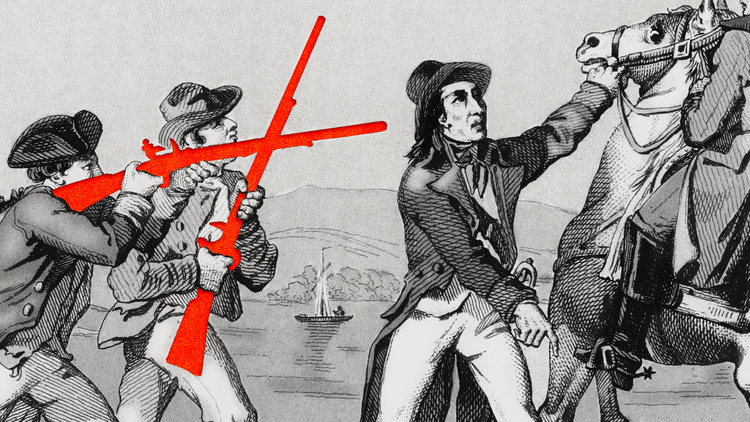 An illustration showing a historical engraving of armed men