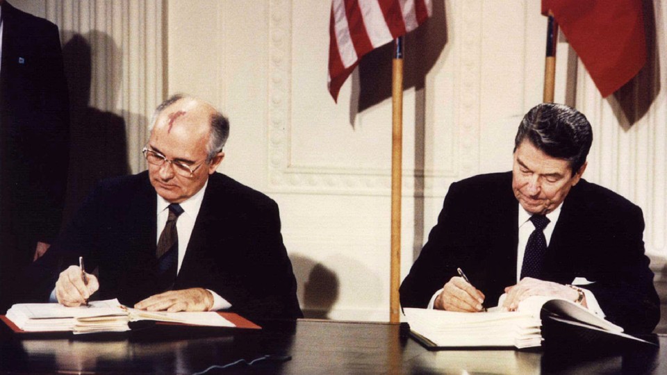 Ronald Reagan and Mikhail Gorbachev sign the Intermediate-Range Nuclear Forces Treaty at the White House in 1987.