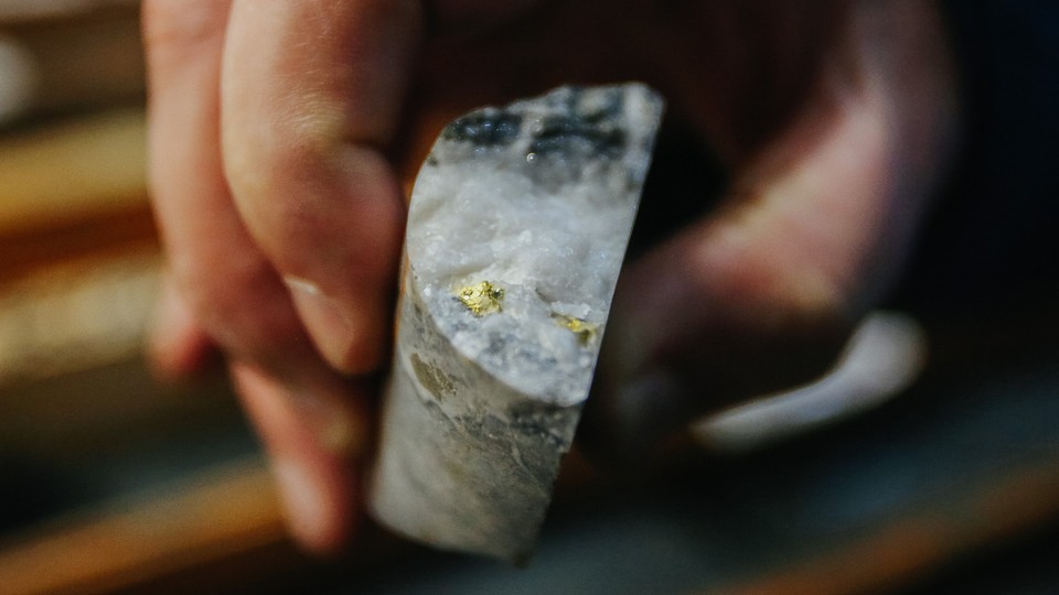 Rise Gold CEO Benjamin Mossman holds a section of core sample containing chunks of gold.