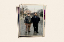 Picture of father and son in front of Mosque