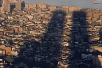 Shadows of the world trade center across lower Manhattan