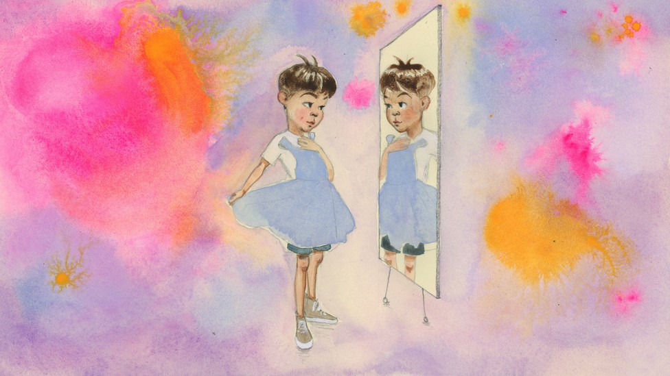 An illustration of a boy holding a dress up to his body and looking in the mirror.